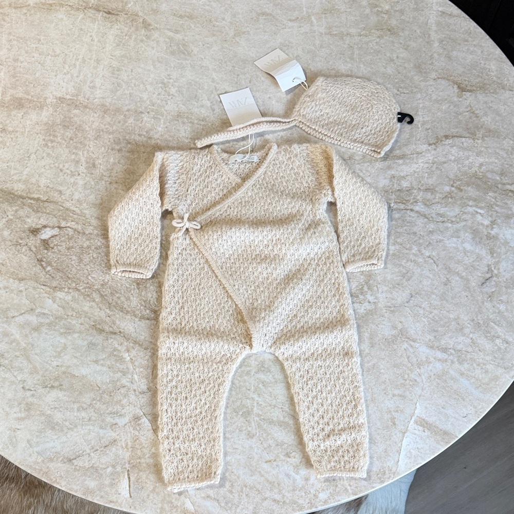 Zara Soft Knit Cream Baby One-Piece with bonnet